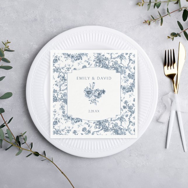 Elegant Engraved French Blue Floral Toile Napkin (Creator Uploaded)