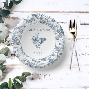 Elegant Engraved French Blue Floral Toile Paper Plate