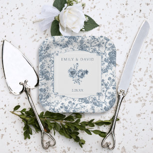 Elegant Engraved French Blue Floral Toile Paper Plate