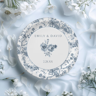 Elegant Engraved French Blue Floral Toile Paper Plate