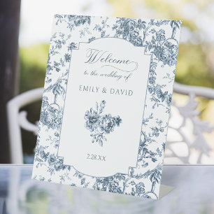 Elegant Engraved French Blue Floral Toile Pedestal Sign