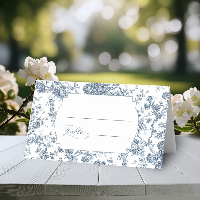Elegant Engraved French Blue Floral Toile Place Card (Creator Uploaded)