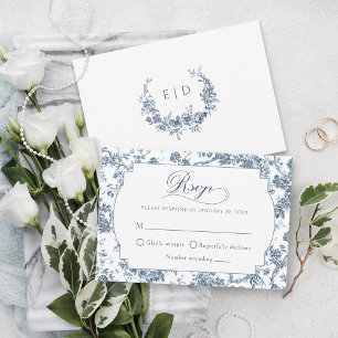 Elegant Engraved French Blue Floral Toile RSVP Card