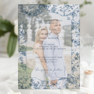 Elegant Engraved French Blue Floral Toile Vellum Invitations