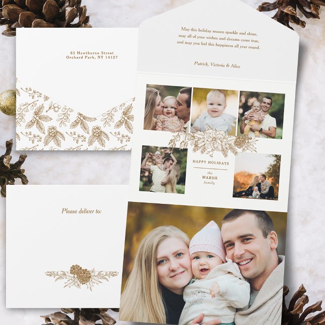 Elegant Engraved Gold Christmas Floral 5-Photo All In One Invitation (Creator Uploaded)
