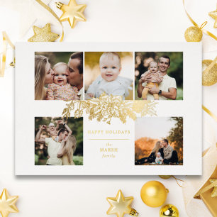 Elegant Engraved Gold Christmas Floral 5-Photo Foil Holiday Card