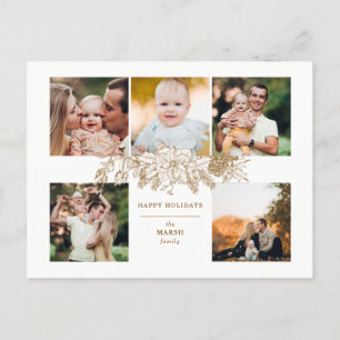 Elegant Engraved Gold Christmas Floral 5-Photo Holiday Postcard
