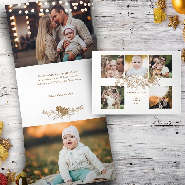 Elegant Engraved Gold Christmas Floral 5-Photo Tri-Fold Holiday Card (Creator Uploaded)