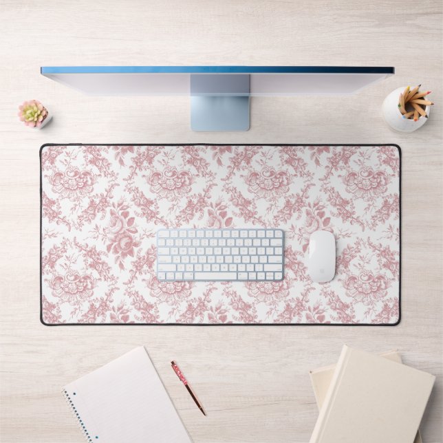 Elegant Engraved Pink and White Floral Toile Desk Mat (Office 1)