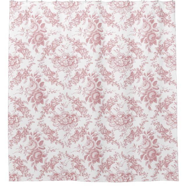 Elegant Engraved Pink and White Floral Toile Shower Curtain (Front)