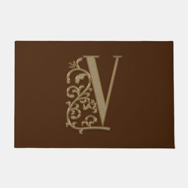 Elegant Entry Monogram V Initial on Brown Doormat (Front)