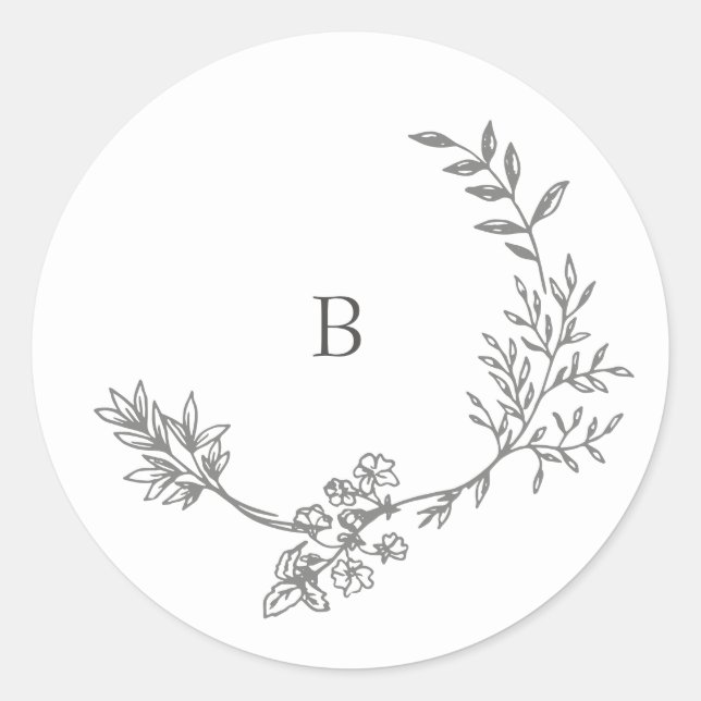 Elegant Envelope Black Floral Monogram Wreath Classic Round Sticker (Front)