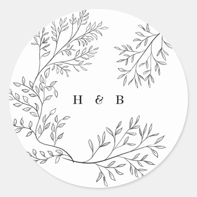 Elegant Envelope Black Floral Monogram Wreath Classic Round Sticker (Front)