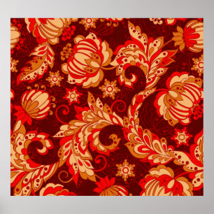 Elegant Ethnic Flowers Seamless Pattern Poster