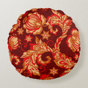 Elegant Ethnic Flowers Seamless Pattern Round Cushion