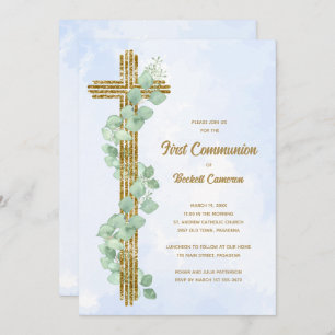 Elegant Eucalyptus and Cross Blue First Communion Invitation