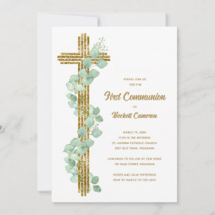 Elegant Eucalyptus and Cross First Communion Invitation