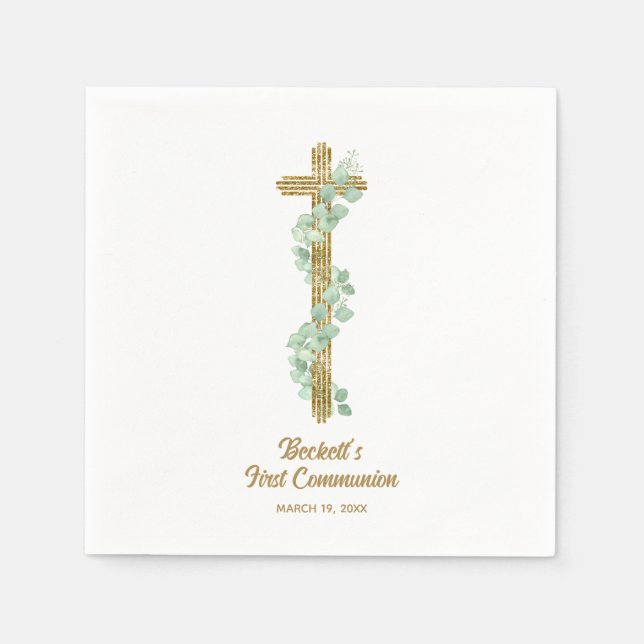 Elegant Eucalyptus and Cross First Communion Napkin (Front)