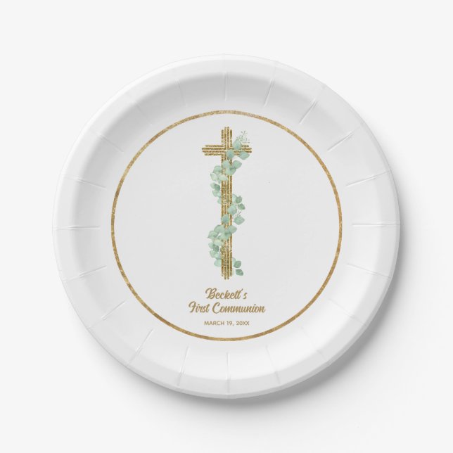 Elegant Eucalyptus and Cross First Communion Paper Plate (Front)