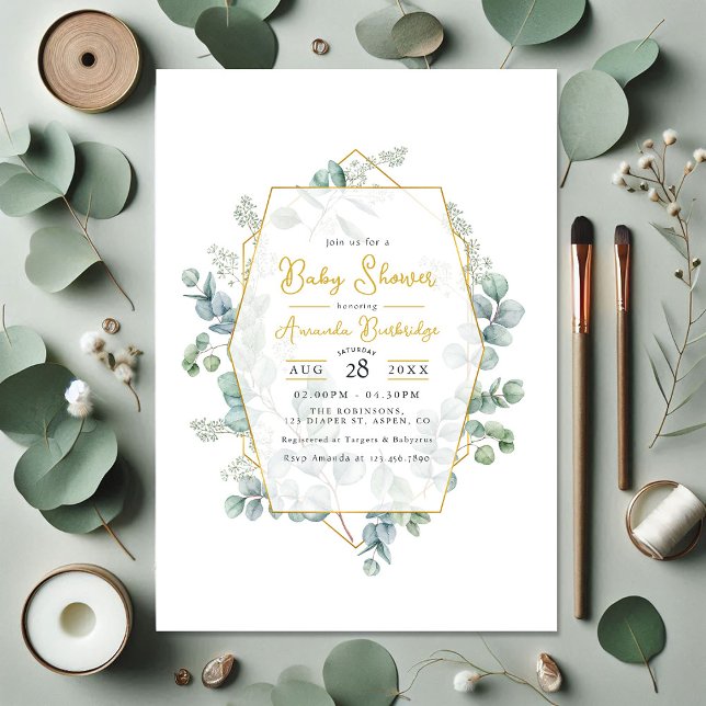 Elegant Eucalyptus and Gold Geometric Baby Shower Invitation (Elegant Eucalyptus and Gold Geometric Baby Shower Invitation)