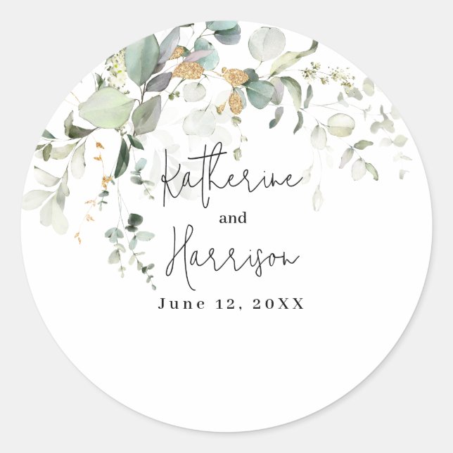 Elegant Eucalyptus and Gold Greenery Wedding  Clas Classic Round Sticker (Front)