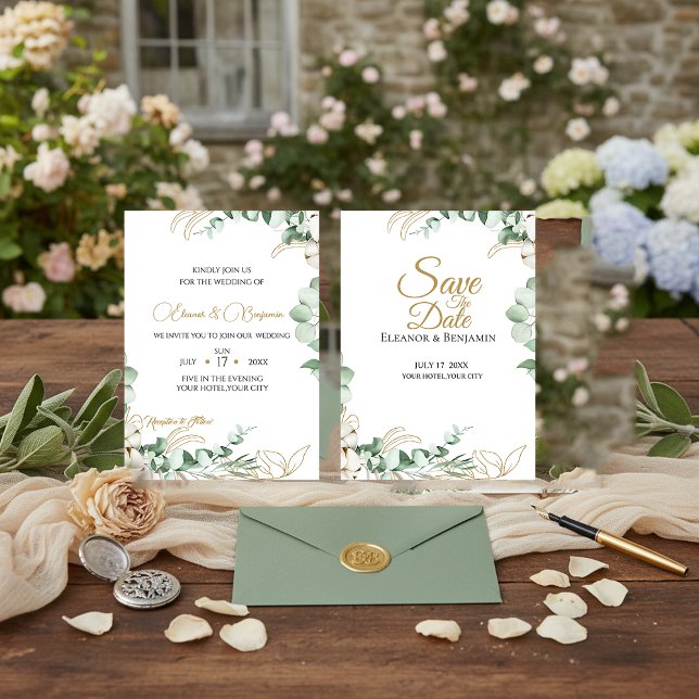 Elegant Eucalyptus and Gold Greenery Wedding  Invitation (Creator Uploaded)