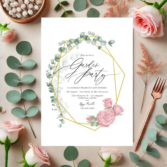 Elegant Eucalyptus and Pink Roses Garden Party Invitation (Elegant Eucalyptus and Pink Roses Garden Party Invitation)