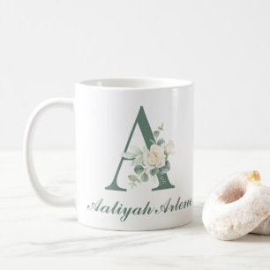 Elegant Eucalyptus and Rose Custom Initial A  Coffee Mug