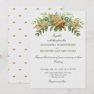 Elegant Eucalyptus and Seashell Wedding Invitation