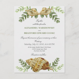 Elegant Eucalyptus and Seashell Wedding Invitation Postcard
