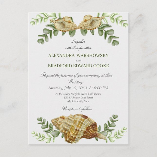 Elegant Eucalyptus and Seashell Wedding Invitation Postcard (Front)