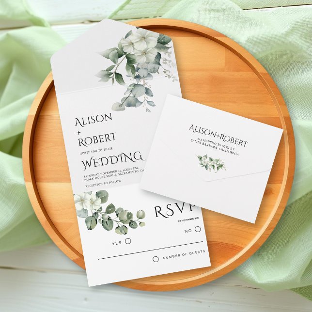 Elegant eucalyptus and white flowers wedding all in one invitation (Creator Uploaded)