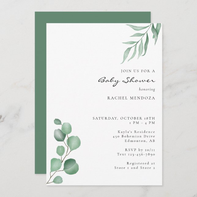 Elegant Eucalyptus Baby Shower Greenery Neutral Invitation (Front/Back)