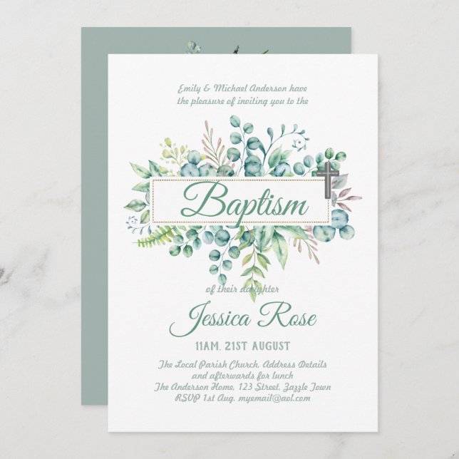 Elegant Eucalyptus Baptism Christening Greenery Invitation (Front/Back)
