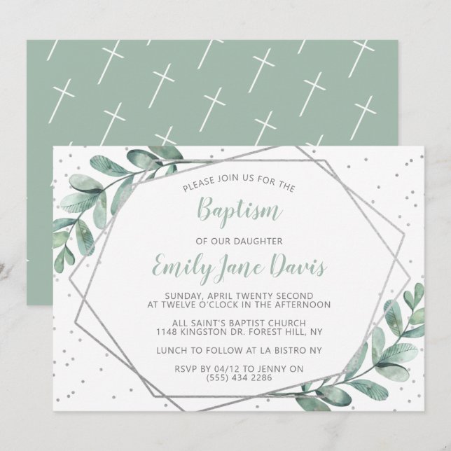 Elegant Eucalyptus Baptism Or Christening Invitation (Front/Back)