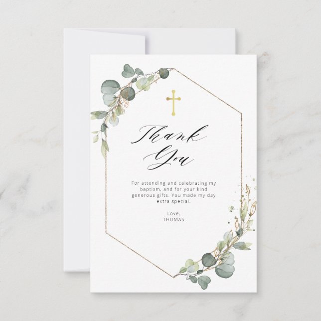 elegant eucalyptus baptism thank you card (Front)