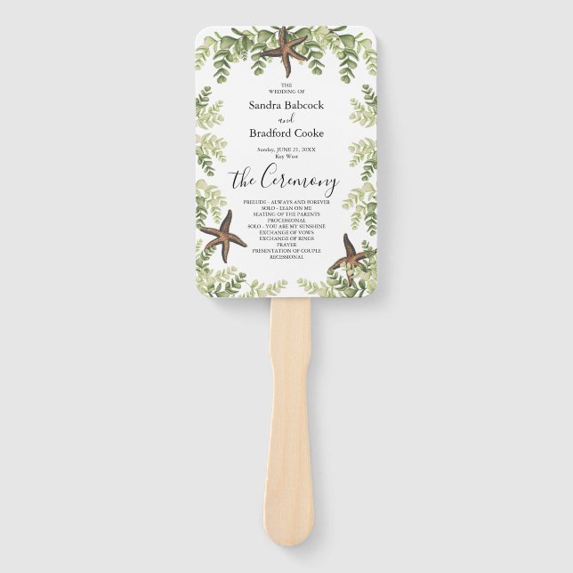 Elegant Eucalyptus Beach Starfish Wedding Program Hand Fan (Front)