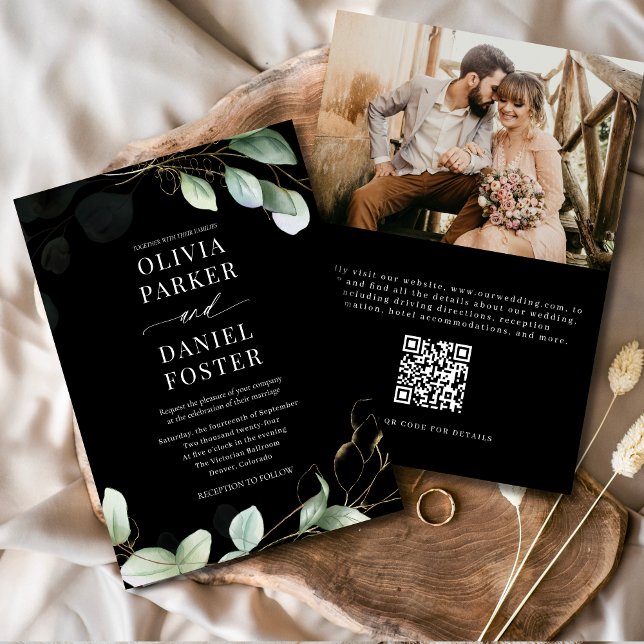 Elegant Eucalyptus Black QR Code Photo Wedding Invitation (Creator Uploaded)