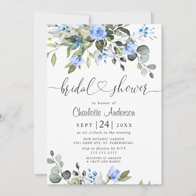 Elegant Eucalyptus Blue Roses BRIDAL SHOWER Invitation (Front)