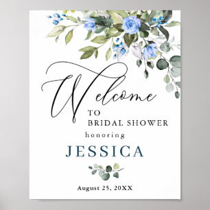 Elegant Eucalyptus Blue Roses Bridal Shower Poster