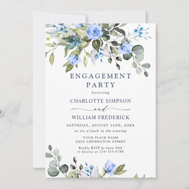 Elegant Eucalyptus Blue Roses ENGAGEMENT PARTY Invitation (Front)