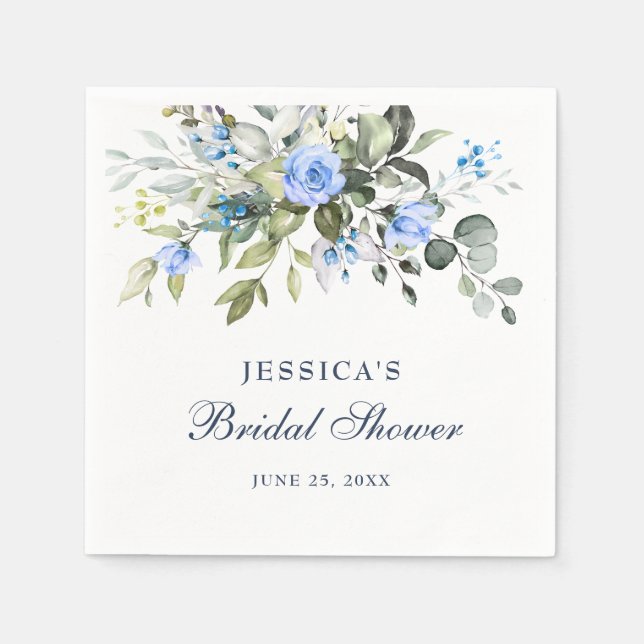Elegant Eucalyptus Blue Roses Floral Bridal Shower Napkin (Front)