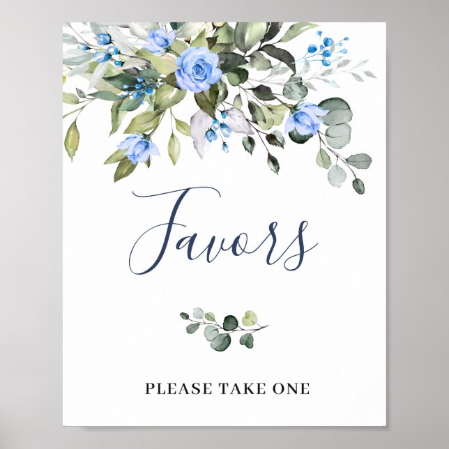 Elegant Eucalyptus Blue Roses Floral Favors Poster (Front)