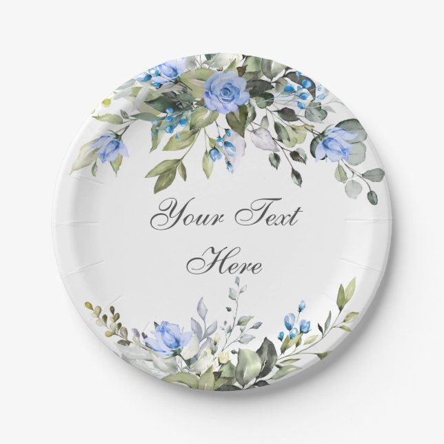 Elegant Eucalyptus Blue Roses Floral Party Paper Plate (Front)