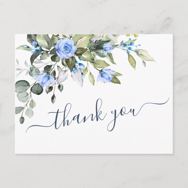 Elegant Eucalyptus Blue Roses Floral Thank You Postcard (Front)