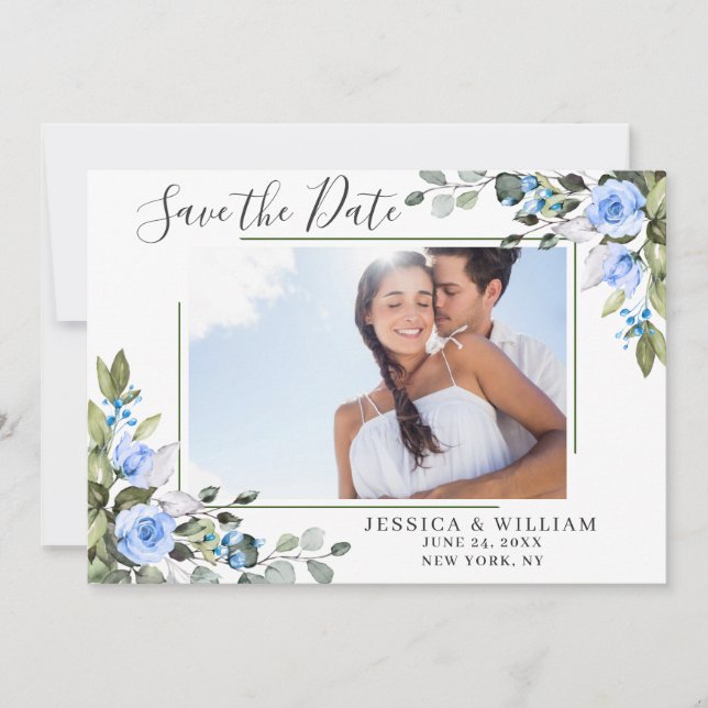 Elegant Eucalyptus Blue Roses Floral Wedding Save The Date (Front)