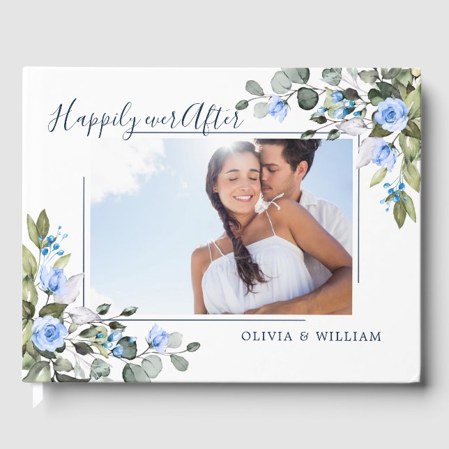 Elegant Eucalyptus Blue Roses PHOTO Wedding Guest Book (Front)