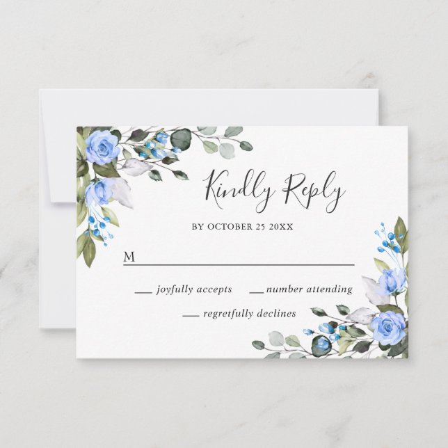 Elegant Eucalyptus Blue Roses Wedding RSVP Card (Front)