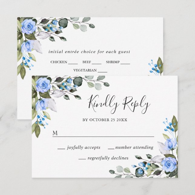 Elegant Eucalyptus Blue Roses Wedding RSVP Card (Front/Back)