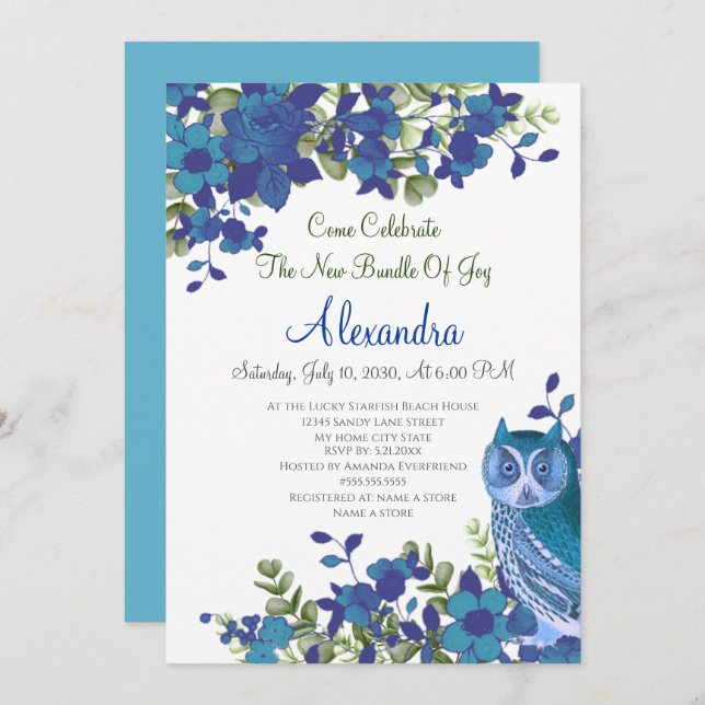 Elegant Eucalyptus Blue Teal Floral Owl (Front/Back)